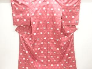 格子に遠州椿模様織出し米沢紬着物アンサンブル